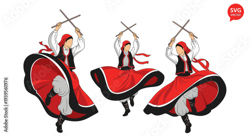 Traditional Folk Dancers in Red Skirts Performing with Sticks