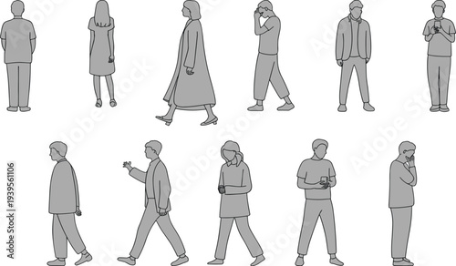 Set of minimalist vector flat line people characters walking standing and using phone for architectural visualization and urban lifestyle design projects