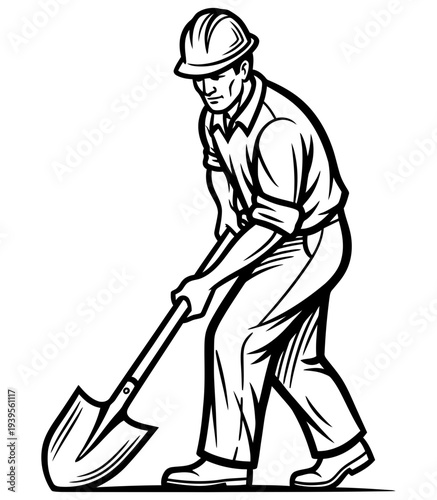 A determined construction worker in a hard hat diligently uses a shovel to dig a hole, symbolizing hard work, physical labor, and diligent effort in a classic retro illustration style.