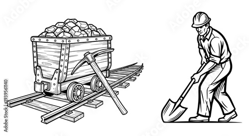 A miner loading coal into a cart on railway tracks, viewed from the side in a simple black and white illustration Whisk_2yjywyjymrgzxiwmtadz1iwl1ato00in5gdmted