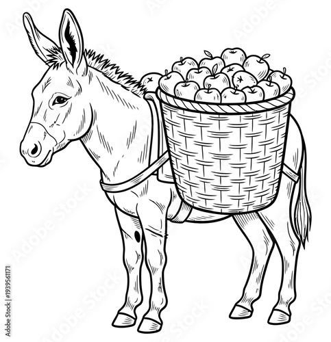A cheerful hand-drawn illustration captures a strong donkey standing patiently while carrying a generously overflowing basket filled with freshly picked delicious apples, ready for market.
