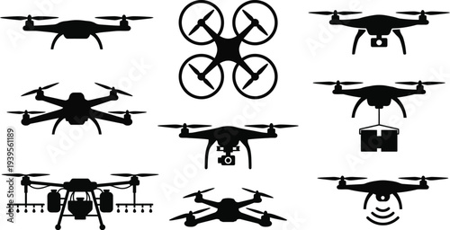 Generic multi rotor drone silhouettes with quadcopter camera gimbal delivery package in solid matte black for UAV technology branding design