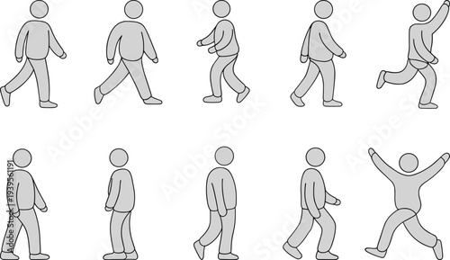 Set of ten simple grey stick figure icons depicting various walking running and jumping poses for active movement and exercise concepts