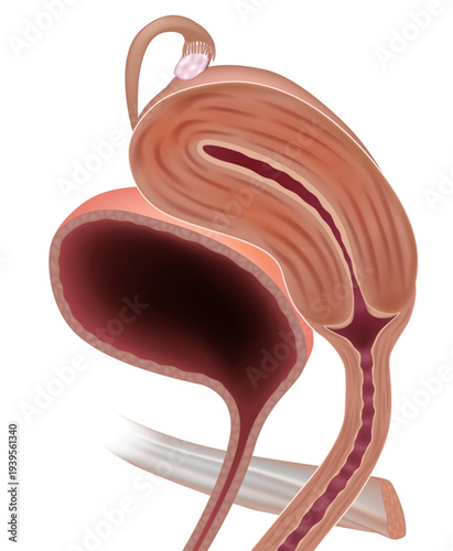Detailed medical illustration of the female pelvic anatomy in cross section. Female Pelvic Anatomy Sagittal View. Female Reproductive System Medical Diagram