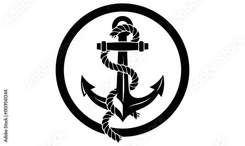 Simple black and white graphic of an anchor wrapped with a rope in a circular frame symbolizing stability and maritime theme.