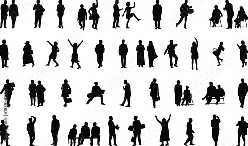 Silhouette, people, human, figure, pose, activity, walking, sitting, standing, dancing, talking, group, interaction, outline, vector, illustration, pattern, design, background, artistic