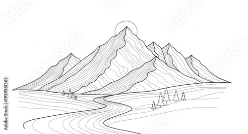 Detailed Pencil Sketch of Mountain Range Landscape.