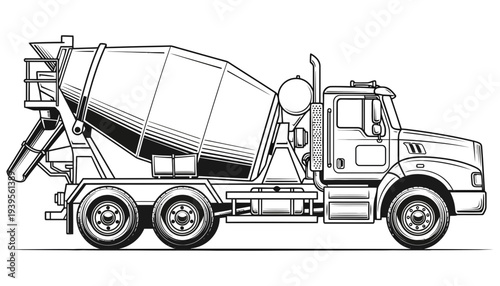 Detailed line drawing of a large cement mixer truck viewed from the side showcasing its key features and mechanical components