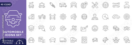 Automobile icon set. Containing icons related to car, vehicle, auto, car part Etc. Fully Editable. Vector illustration.