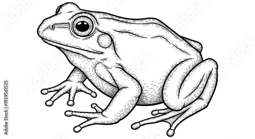 Detailed black and white illustration of a frog showcasing its natural anatomy and characteristics in a simple yet realistic artistic style on a plain white background.