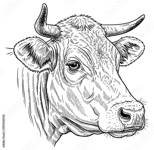 Detailed black and white illustration of a cow's head showcasing texture and shading techniques in a realistic drawing style