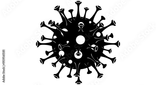 Black and white illustration of a virus or bacteria cell with spiky protrusions and a central core