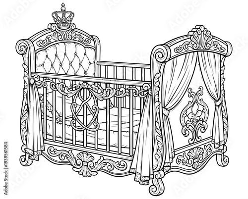 Beautiful antique baby crib with ornate carvings and crown on top of the headboard in a classic black and white illustration style