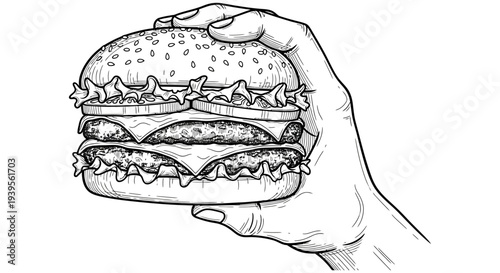 Hand holding a detailed illustration of a large burger with sesame seed bun and various fillings from a front viewpoint.