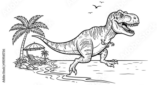 A fierce Tyrannosaurus Rex runs dynamically through the shallow water of a tropical beach, with palm trees and a lounge chair in the background, perfect for a children's coloring book illustration.