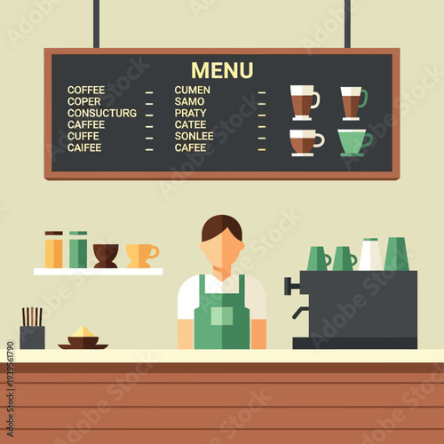 Coffee shop menu board and barista counter with espresso machine and cups