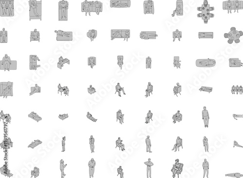 Top view isometric people collection in various poses sitting standing and lying down for architectural floor plan rendering and interior design