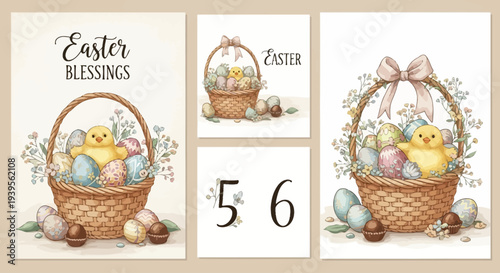 Easter basket filled with colorful eggs and chicks displayed in a charming illustration