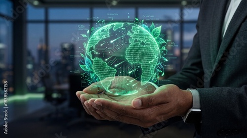 Businessman holding glowing green digital globe with leaves and circuit boards, representing corporate sustainability, ESG, net zero emissions, and green technology concept.