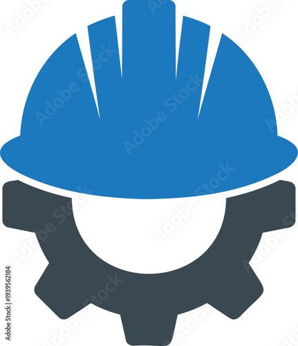 Blue hard hat and dark grey gear
