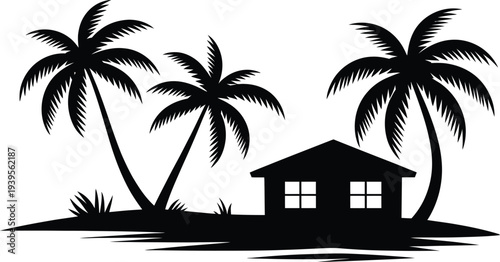 Simple beach bungalow with two palm trees on island, minimalist tropical design