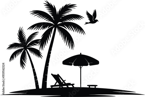 Beach umbrella and chairs on island, two palm trees, ocean and bird silhouette