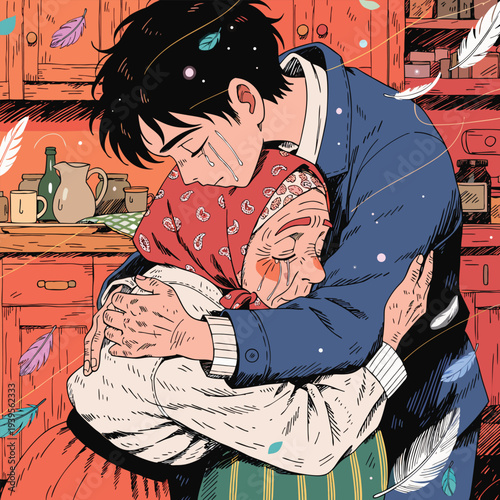 Vector illustration of a man hugging a crying elderly woman in a kitchen