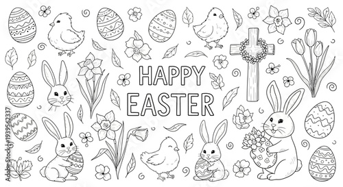 Easter-themed illustration featuring bunnies, eggs, and flowers in a festive holiday scene from a direct viewpoint.