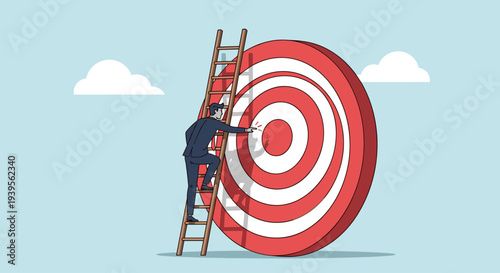Man climbing ladder to hit target.