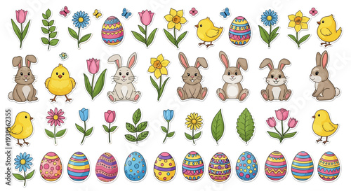 Vibrant Easter-themed illustrations featuring bunnies, eggs, and flowers in a festive arrangement