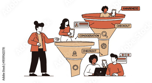Business people analyze sales funnel stages from awareness to checkout with marketing strategy