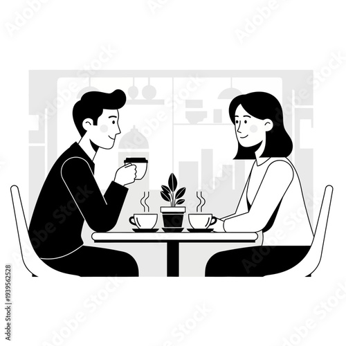 Couple enjoying coffee date at cafe, smiling and talking, modern lifestyle