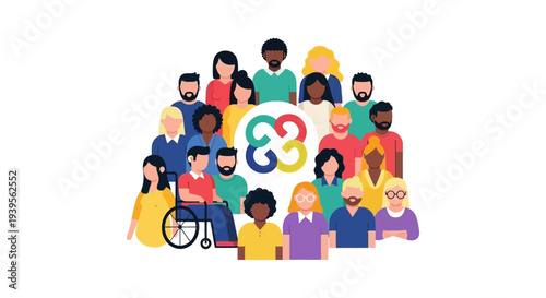 Diverse Global Community: Inclusive Group of Multiethnic People with Unity Symbol, Representing Diversity, Equity, and Belonging.