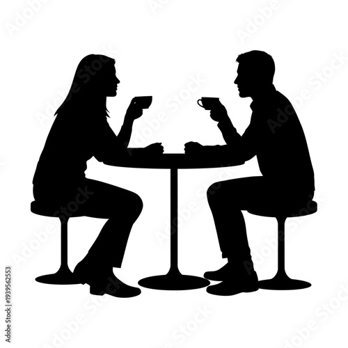 Couple silhouette drinking coffee at a table, romantic date, conversation, black and white