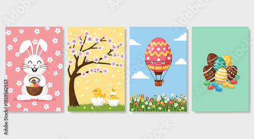 A vibrant collage of Easter-themed illustrations featuring a bunny, tree, hot air balloon, and chocolate eggs, set against colorful backgrounds, viewed from directly above.