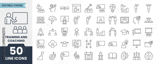 Training and Coaching line icons set with editable stroke. Containing mentoring, education, seminar, training, coaching, learning , course and more. Vector illustration