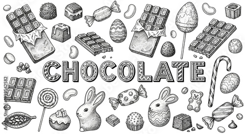 Assorted chocolate-themed illustrations featuring Easter treats and candies from a top-down viewpoint