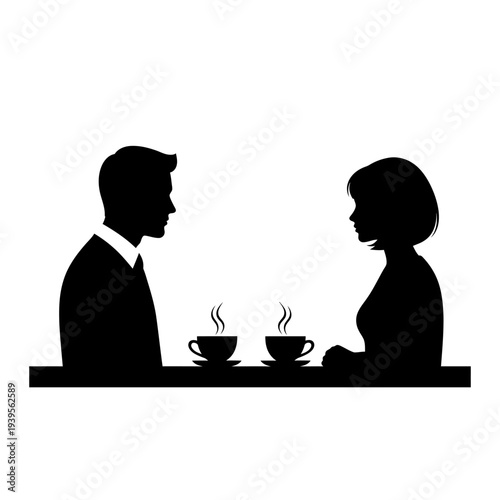 Couple silhouette enjoying coffee at cafe table, romantic date, conversation, black and white