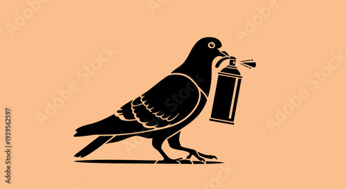 Pigeon Holding Spray Can in Beak.