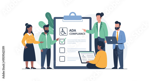 Diverse Team Collaborates on ADA Compliance and Digital Accessibility Checklist, Ensuring Inclusive Design and Web Standards
