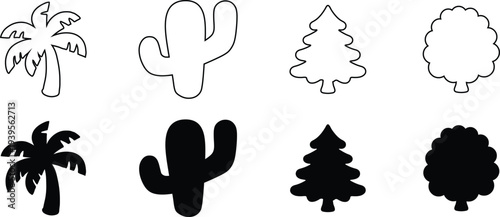 Tree and cactus icons set isolated on white background. Palm desert pine and round foliage shapes in outline and solid styles. Flat vector nature symbol collection.