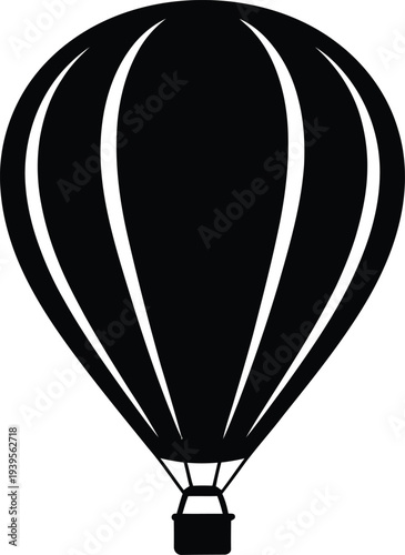 Black hot air balloon silhouette ascending into sky vector graphic isolated on checkered background