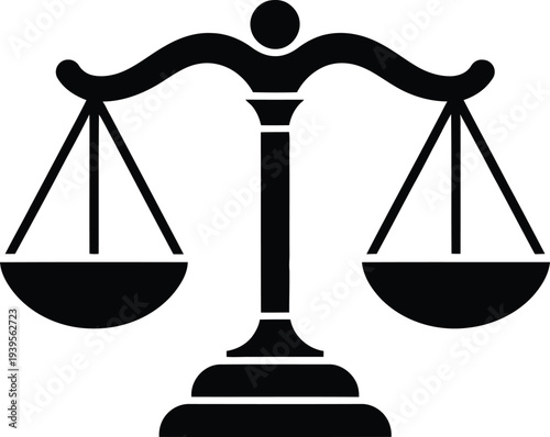 Justice scale icon, black isolated vector on transparent background, symbol of law and fairness
