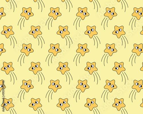 Pattern of yellow meteorites. Cute funny star characters. Vector illustration in flat style.