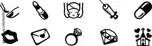 Beauty and cosmetics outline icons set isolated on white background. Lipstick nail polish syringe diamond ring and makeup symbols for fashion and skincare design. Flat vector line collection.