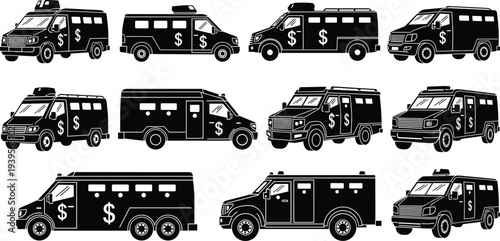 Collection of armored truck silhouettes, secure money transport vehicles, financial security artwork, cash delivery design, black illustration set