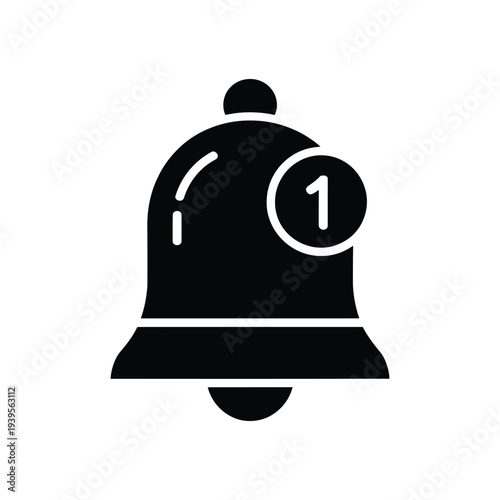 Bell icon with notification number one symbol for alert reminder message or important announcement graphic design element