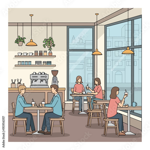 Cozy Cafe Interior with People Enjoying Coffee and Conversations