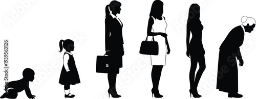 Woman life stages silhouettes, baby child adult aging female timeline isolated on white background human life cycle vector illustration