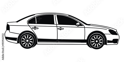Black and white illustration of a four door sedan car